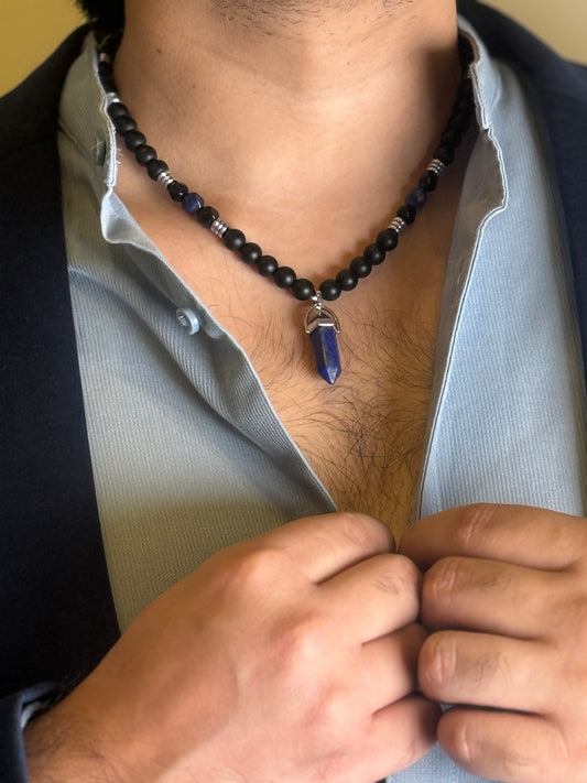 Black Onyx and Lapis Lazuli Necklace pendant close-up on model