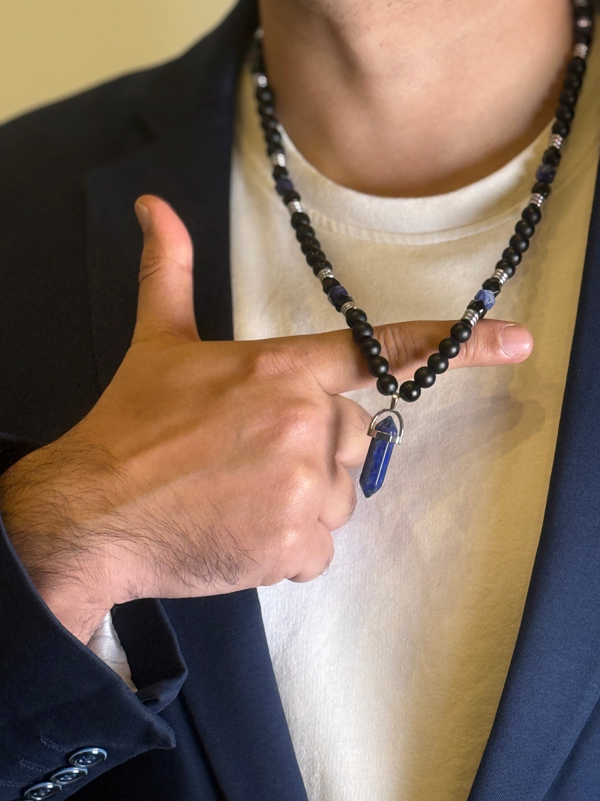 Men’s Black Onyx and Lapis Lazuli Necklace styled with blazer