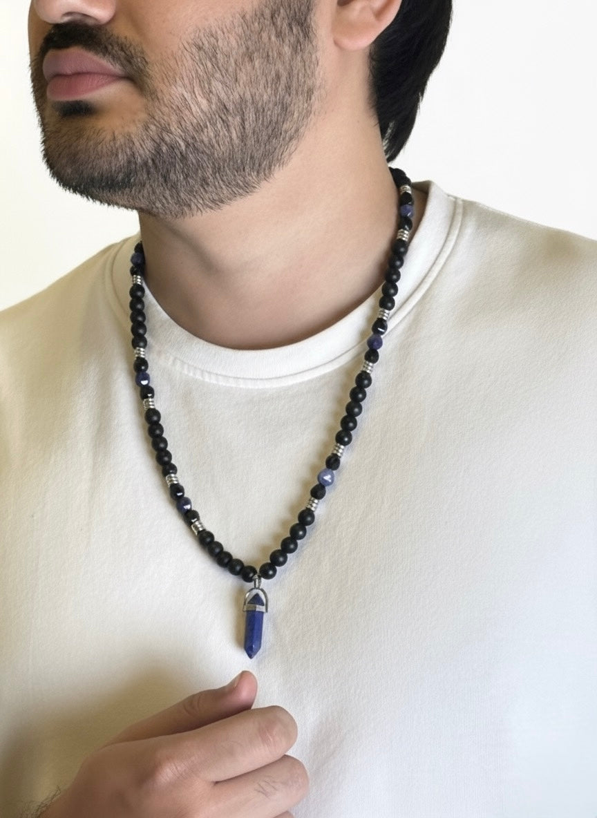 Black Onyx and Lapis Lazuli Crystal Necklace on white t-shirt