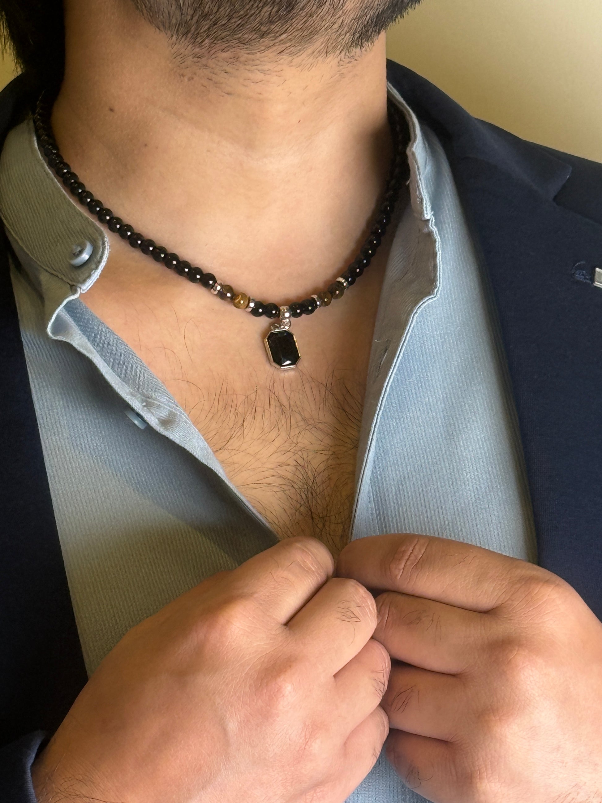 Black Onyx and Tiger Eye Men’s Necklace close-up on model