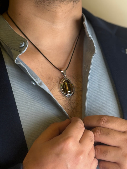 Male Model Wearing Tiger Eye Pendant