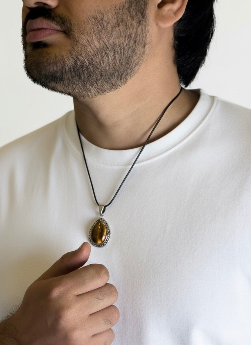 Tiger Eye Pendant Necklace for Men Close-Up