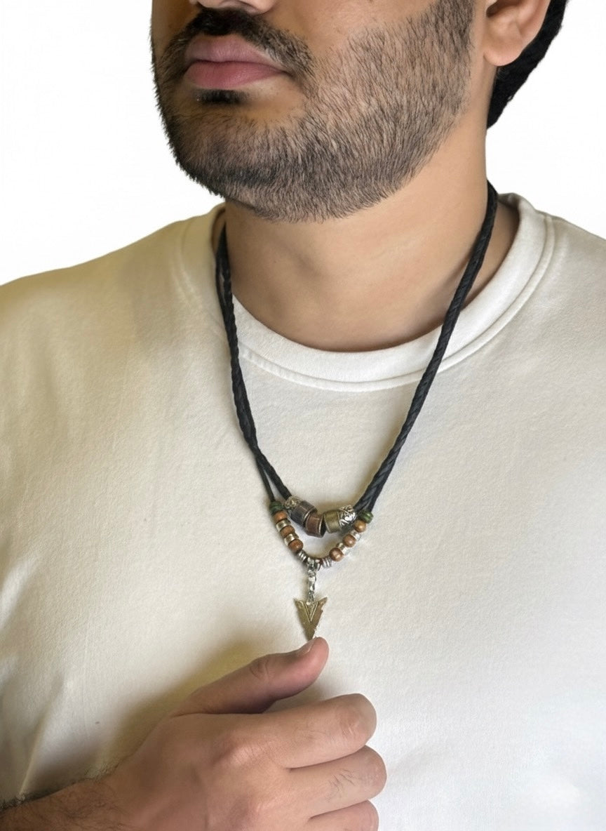 Men modeling leather tribal arrow necklace