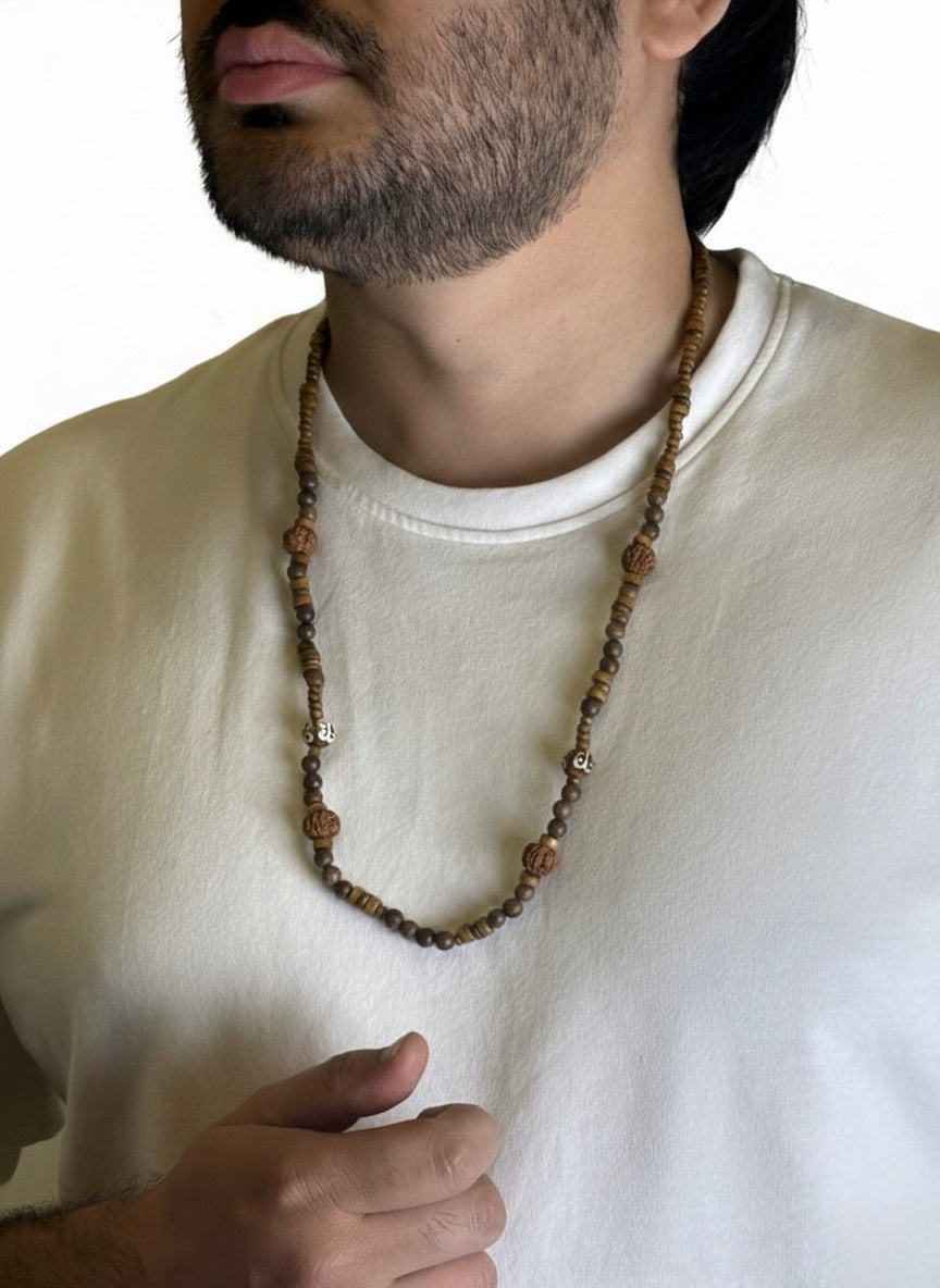 wooden beads rudraksha necklace closeup