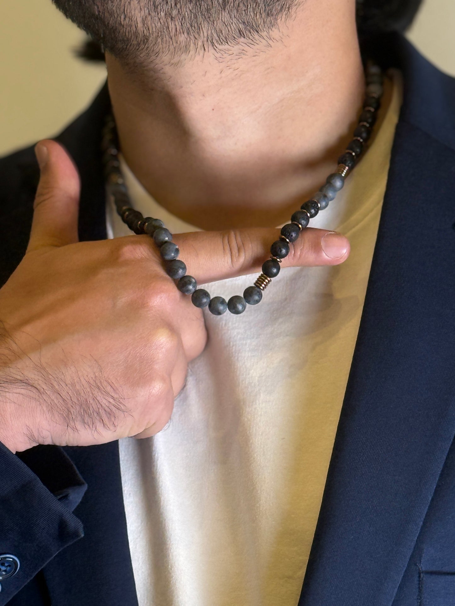 Grey Hawk Stone Necklace styled with blazer
