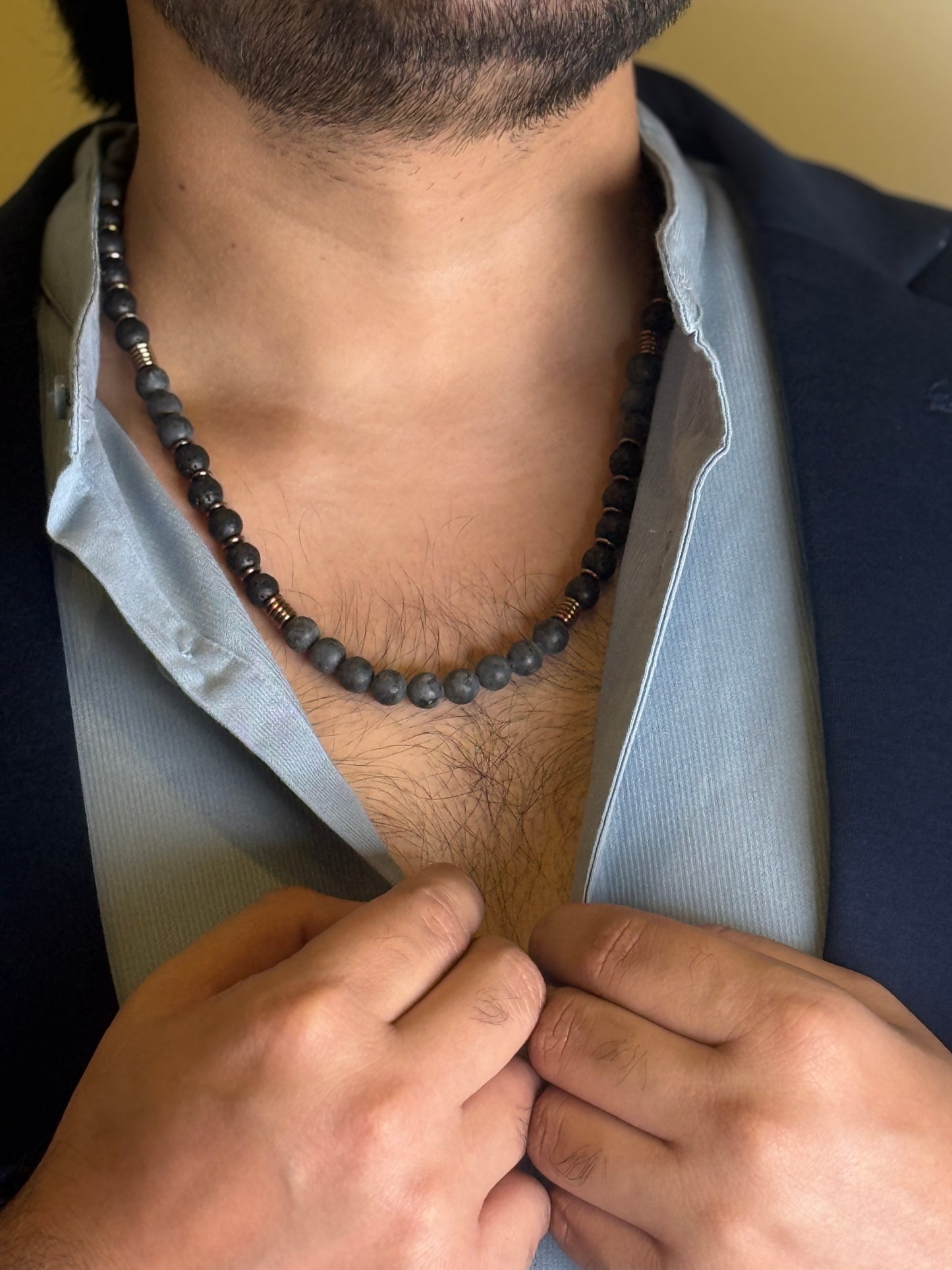 Grey Hawk Stone Necklace close-up on chest