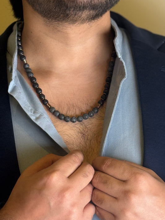 Grey Hawk Stone Necklace close-up on chest