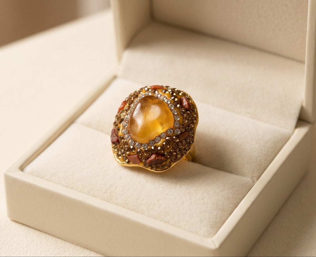 A gold ring with a large amber-yellow cabochon stone and small red and clear stones, displayed in an open cream-colored jewelry box.