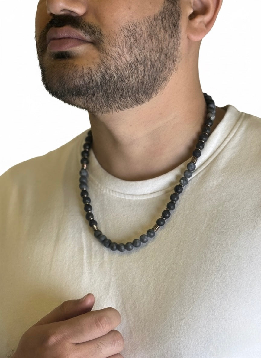 Grey Hawk Stone Necklace worn on white shirt