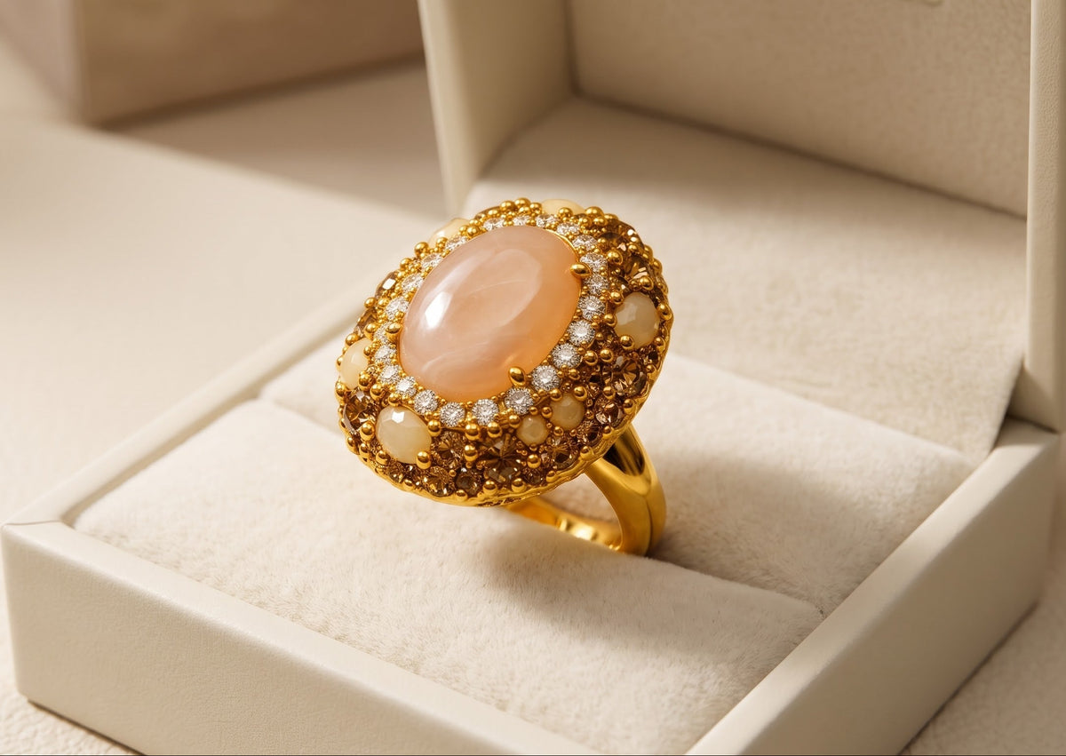 A gold ring with a large peach-colored oval cabochon and small clear stones in a halo setting, displayed inside an open cream-colored jewelry box.