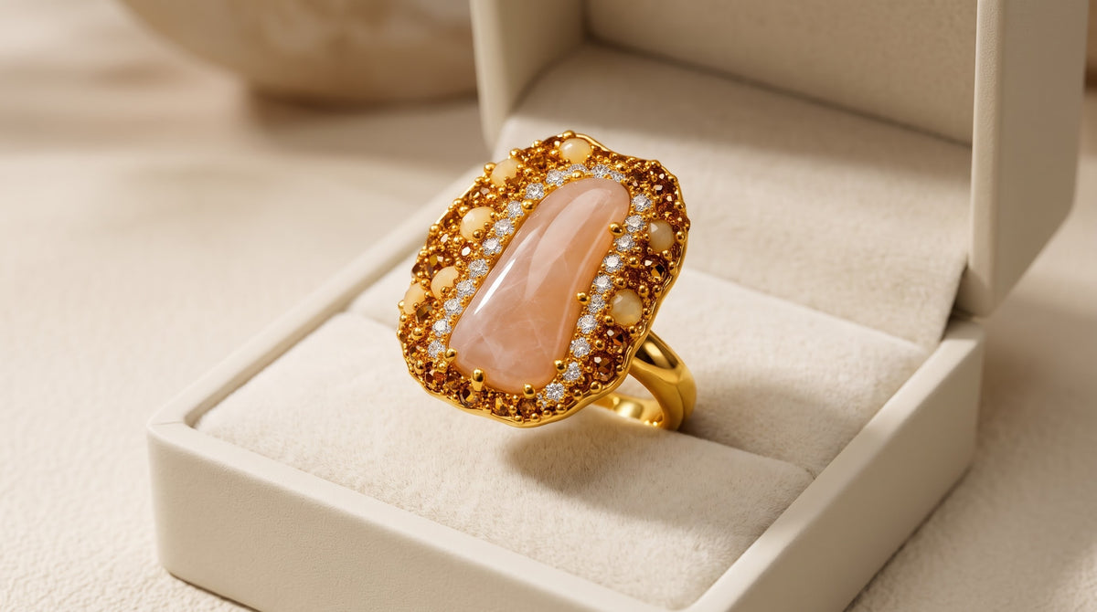 Rhodonite Rose Elegance Gold-Plated Women's Crystal Ring