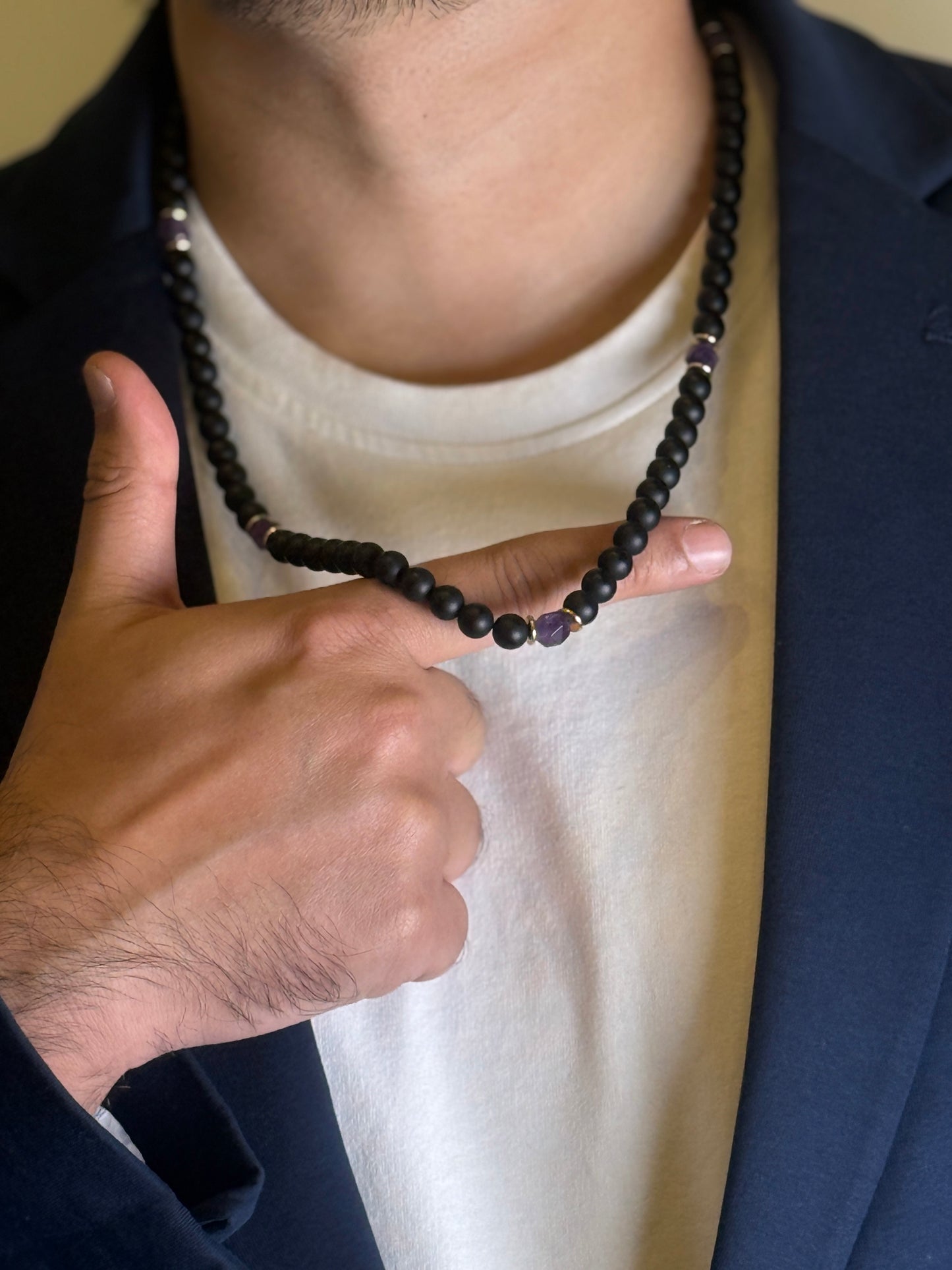 mens black onyx and amethyst necklace on shirt collar