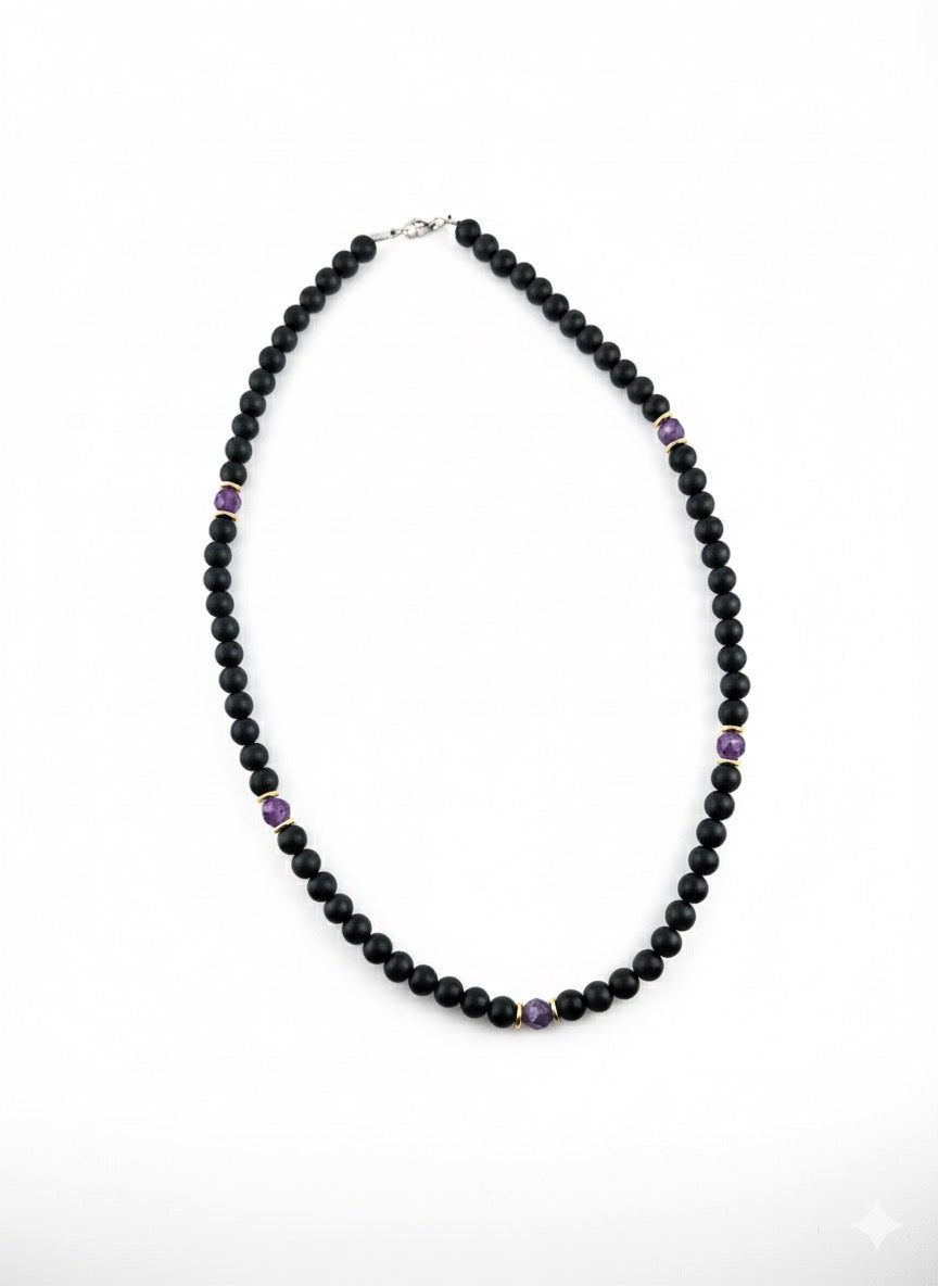 black onyx and amethyst beaded necklace flatlay