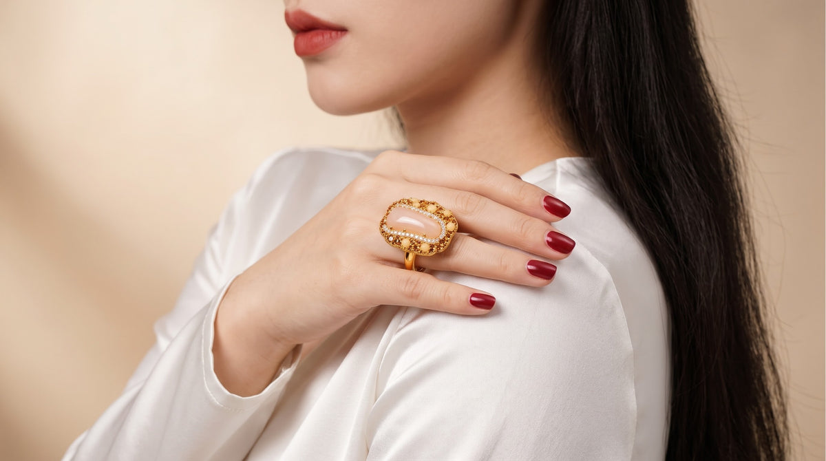 Rhodonite Rose Elegance Gold-Plated Women's Crystal Ring