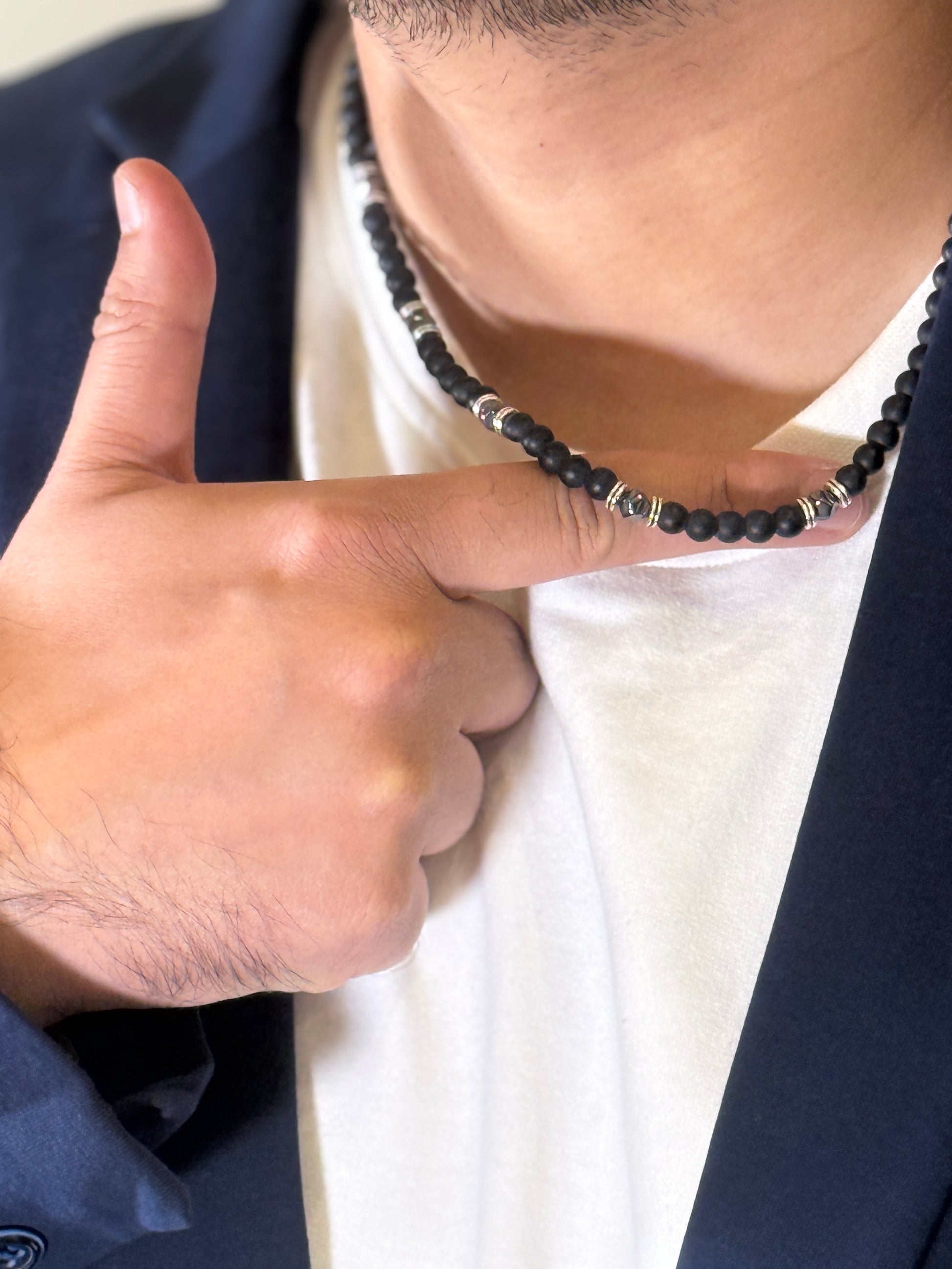 mens black necklace on tshirt