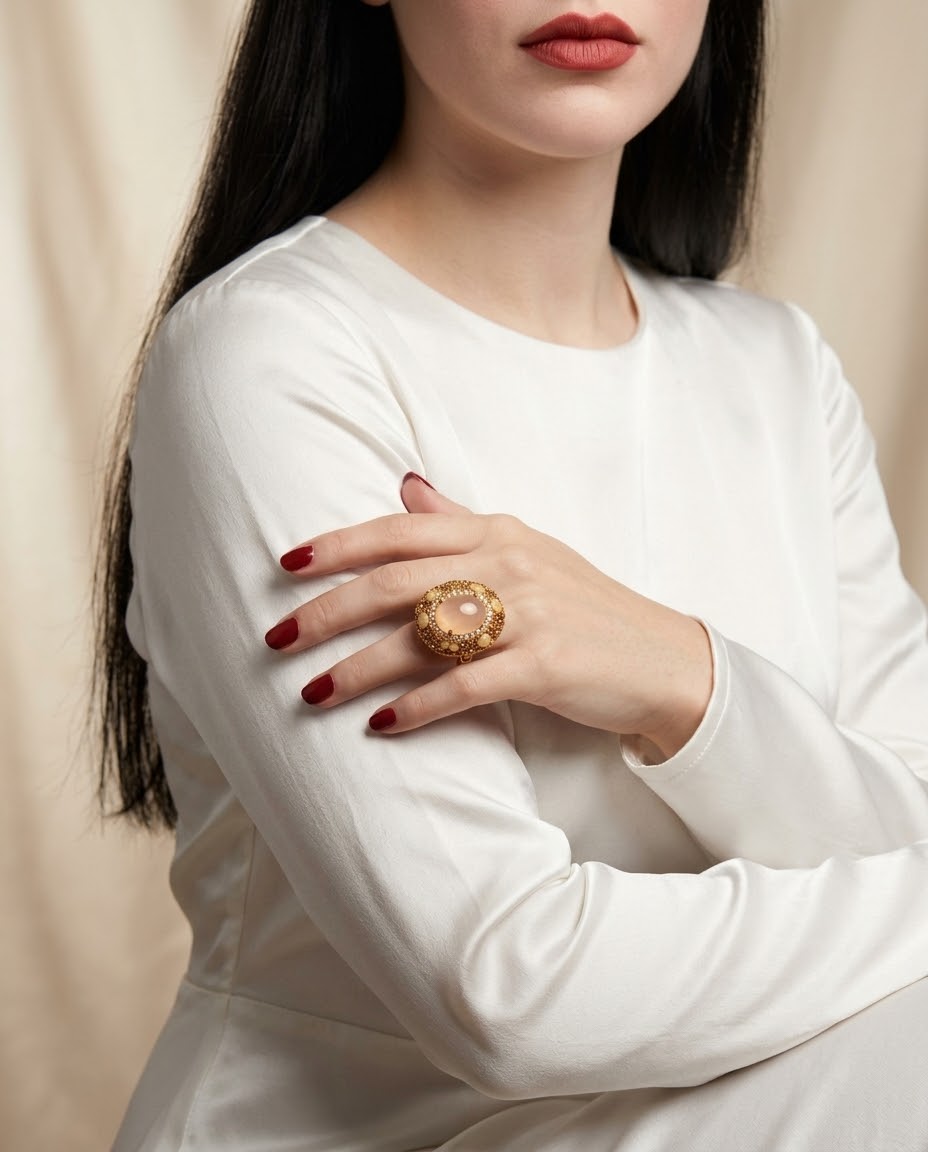 Rose Quartz Royal Blush Gold-Plated Women's Crystal Ring