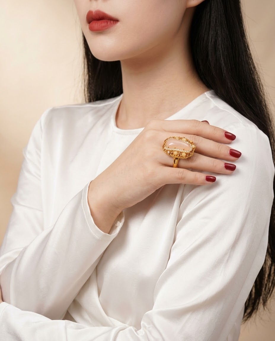 Rhodonite Rose Elegance Gold-Plated Women's Crystal Ring