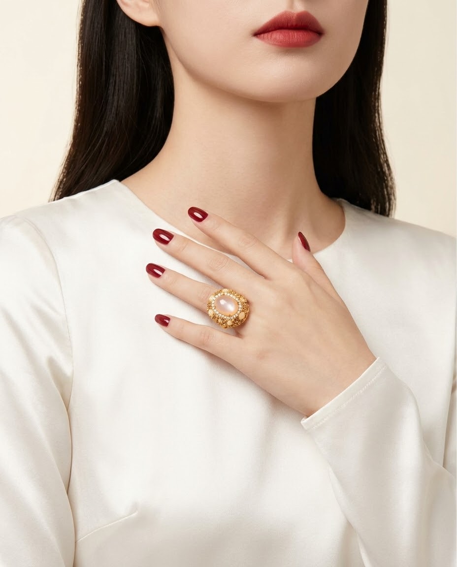 Rose Quartz Royal Blush Gold-Plated Women's Crystal Ring