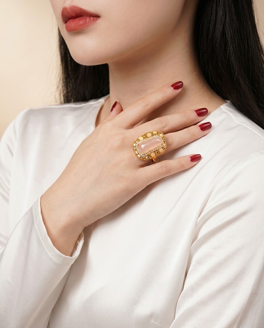 Rhodonite Rose Elegance Gold-Plated Women's Crystal Ring