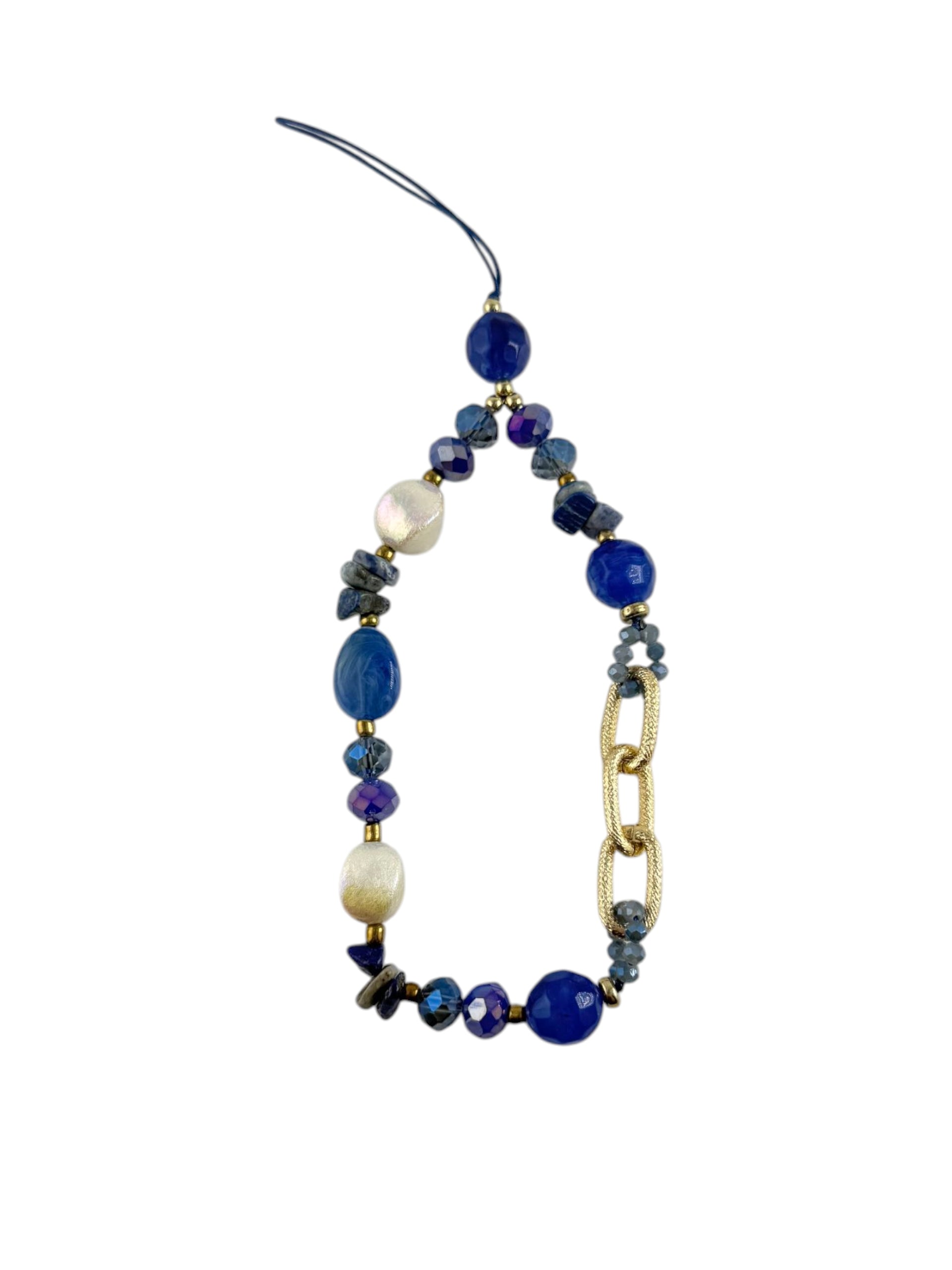 Blue gemstone phone charm with gold chain accents