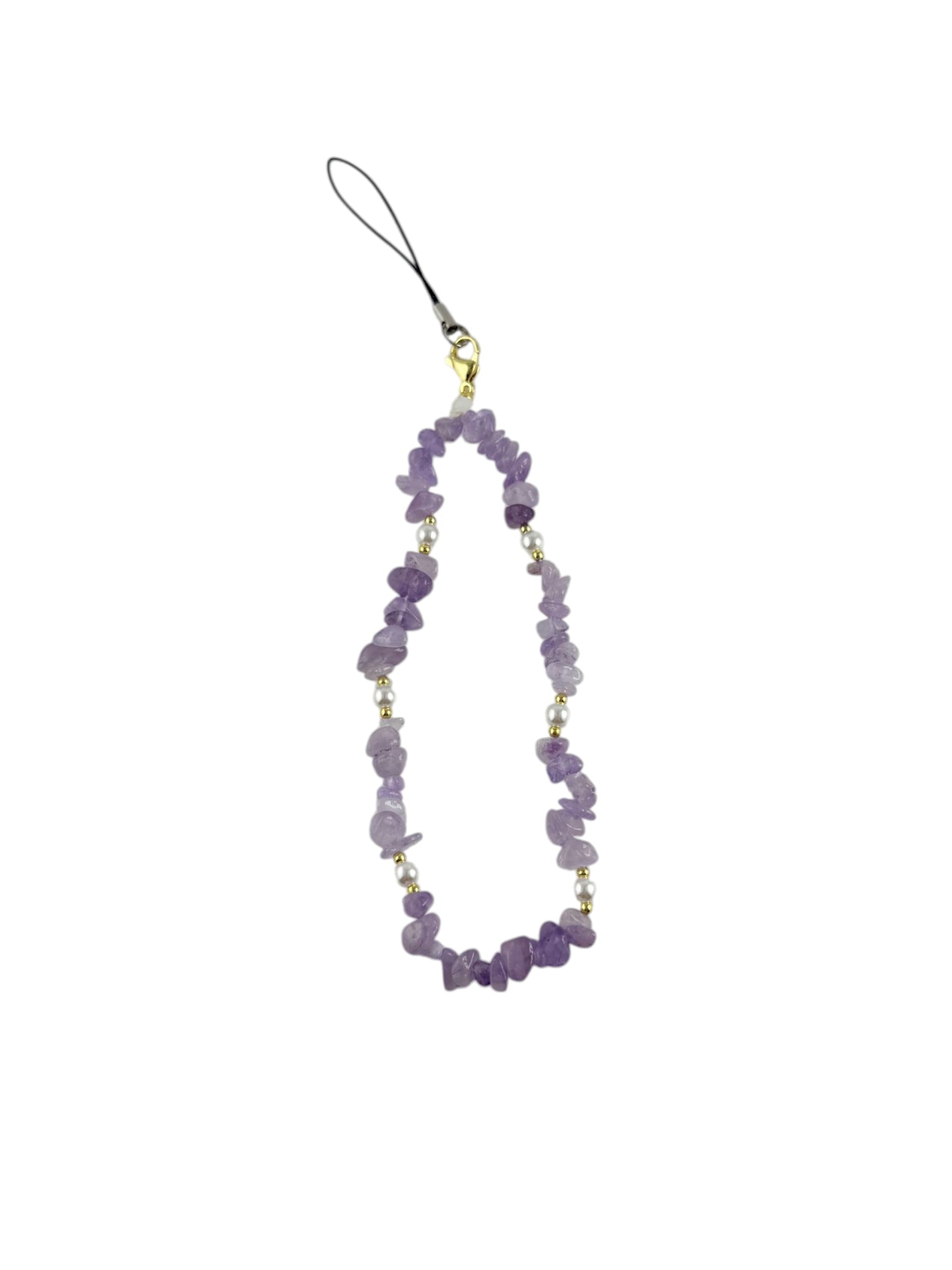 Natural Amethyst beaded phone charm in hand
