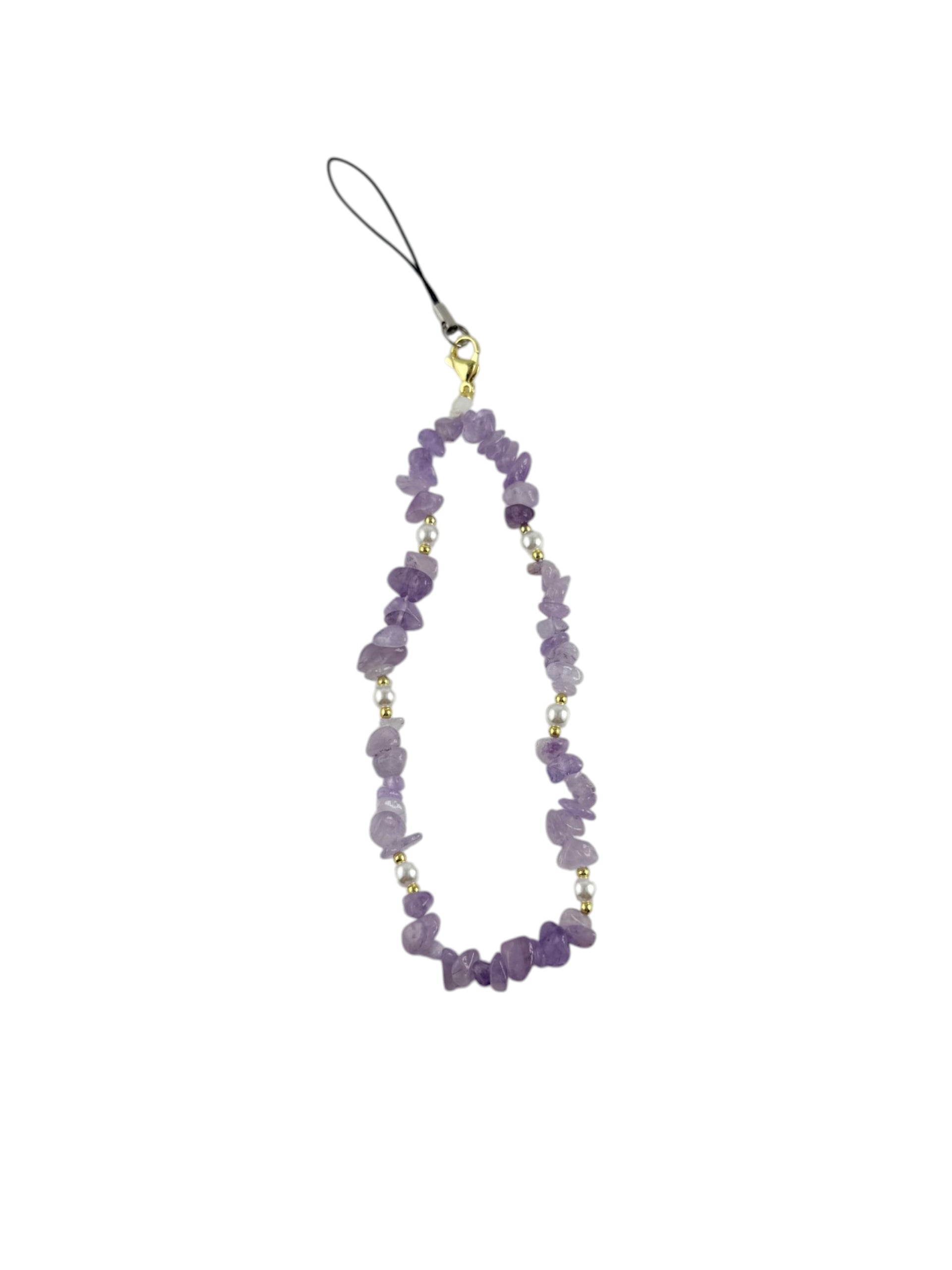 Natural Amethyst beaded phone charm in hand