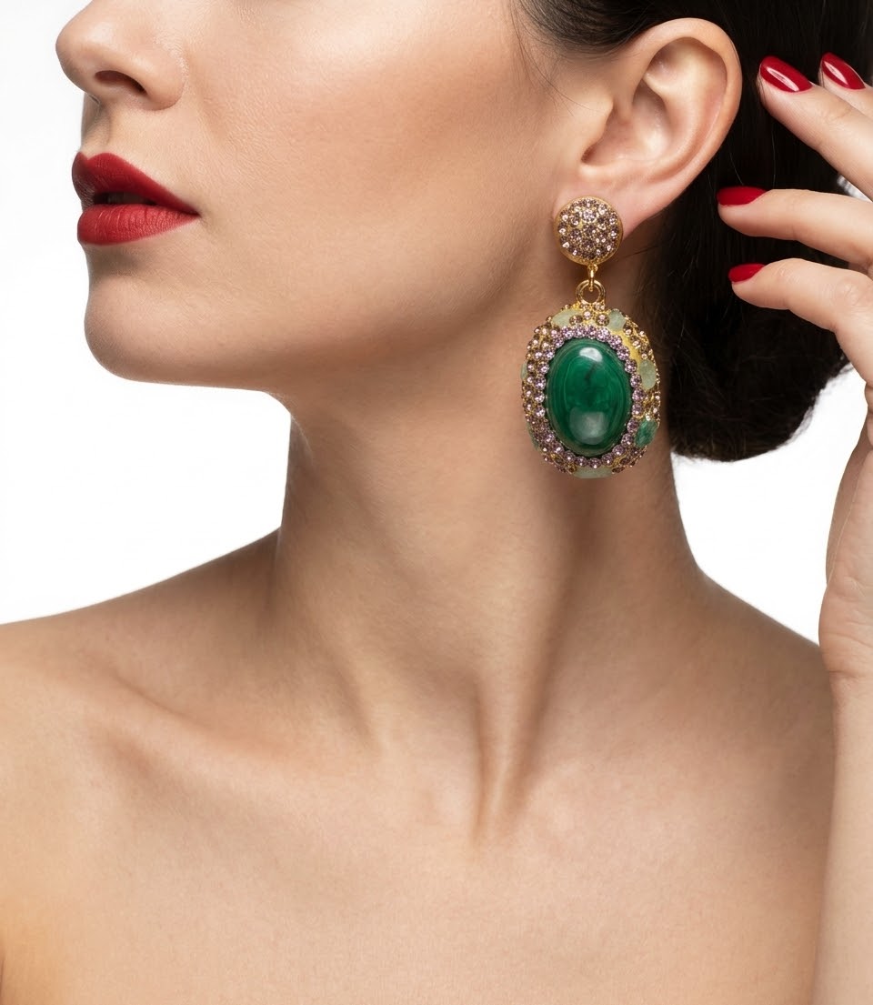 Green Aventurine Emerald Aura Gold-Plated Women's Crystal Earrings