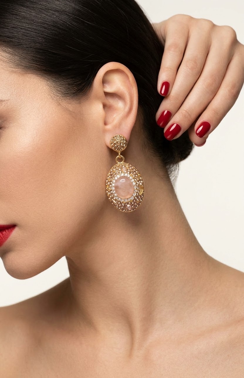 Rose Quartz Blush Radiance Gold-Plated Women's Crystal Earrings