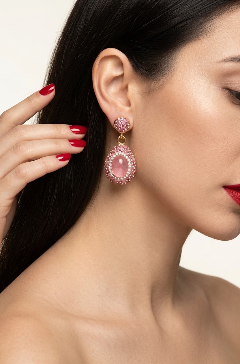 Rose Quartz Blush Elegance Gold-Plated Women's Crystal Drop Earrings
