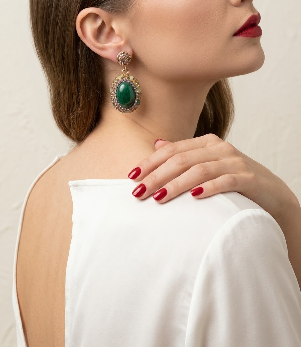 Green Aventurine Emerald Aura Gold-Plated Women's Crystal Earrings