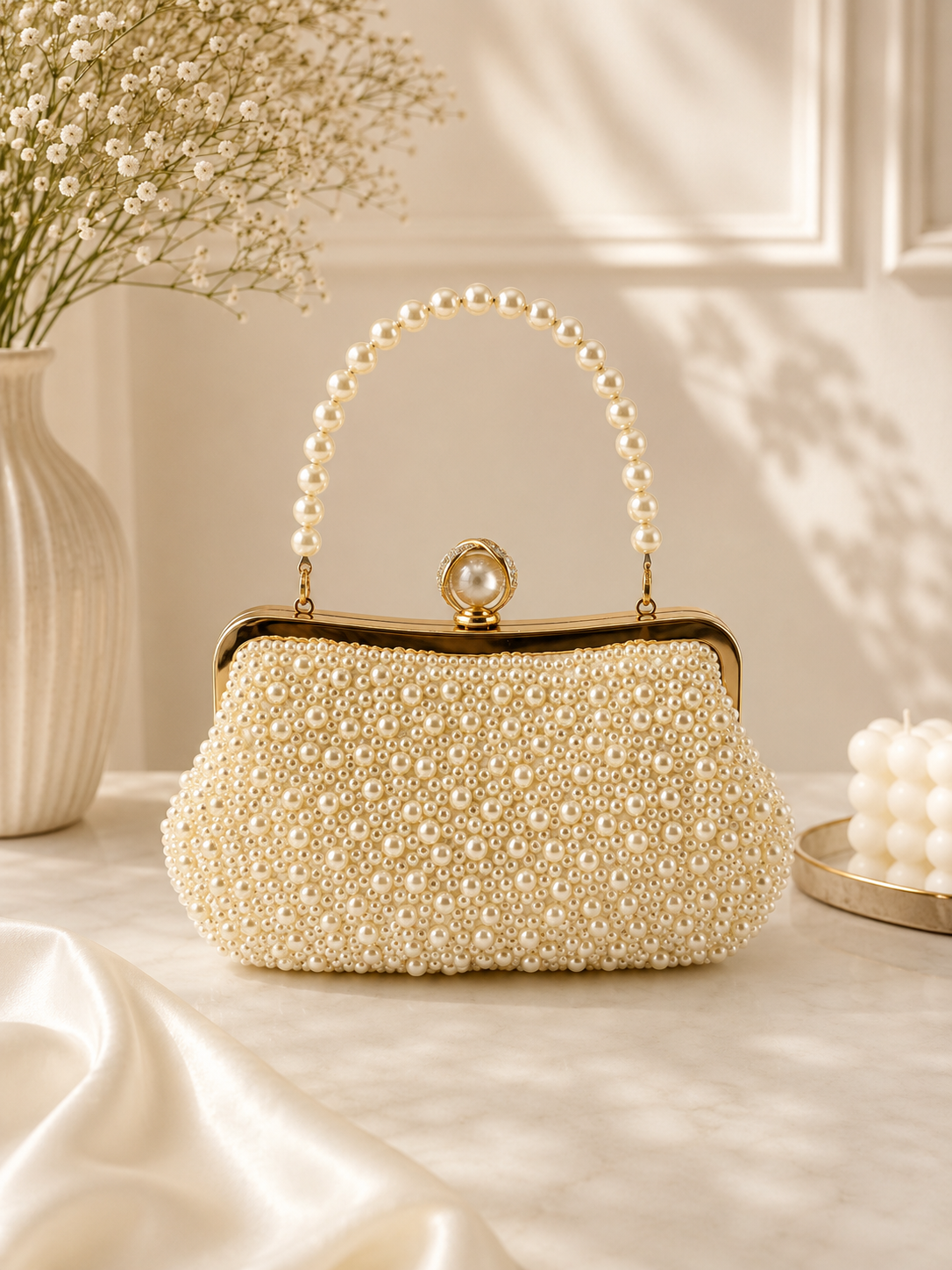 Pearl-handled handbag on a table with decorative elements