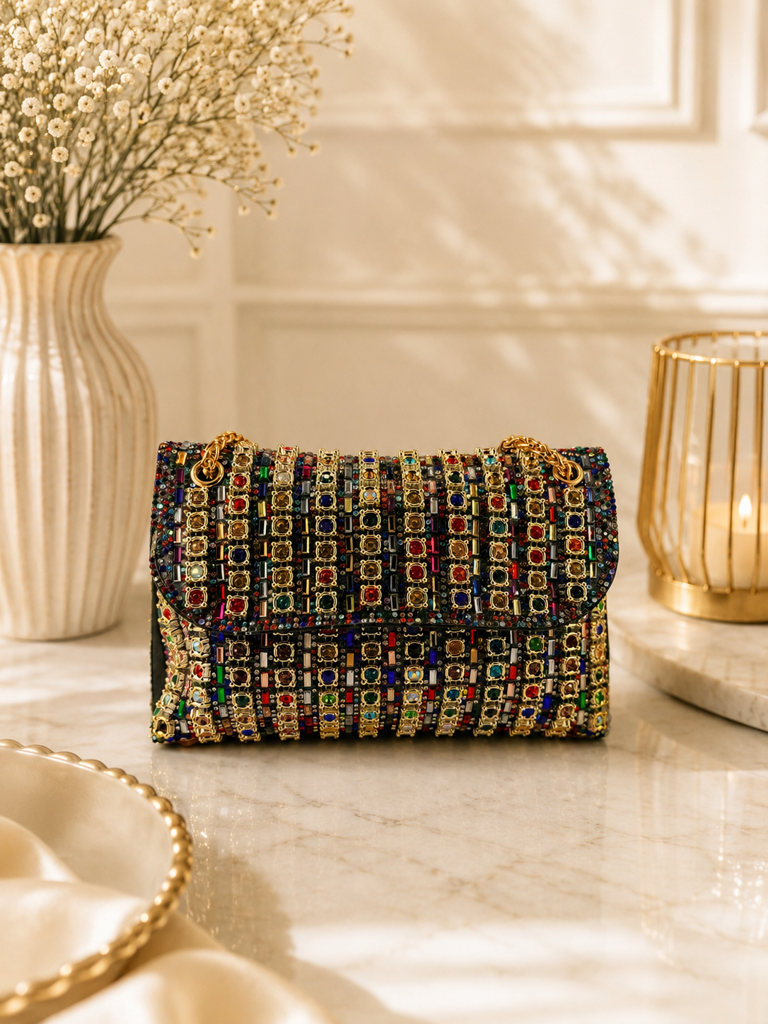 Decorative clutch bag with colorful gemstones on a marble surface with decorative elements.