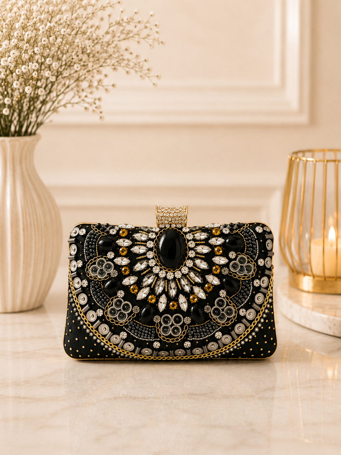Decorative black clutch with gold and white embellishments on a light surface.