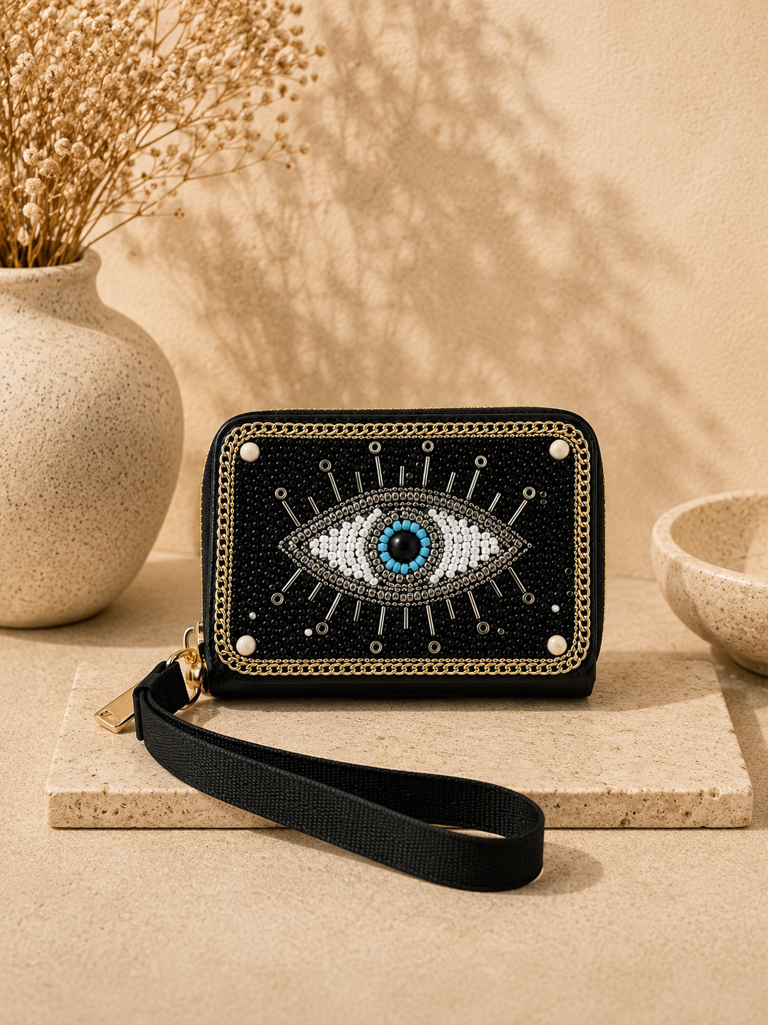 Black wallet with eye design on a beige surface with decorative elements