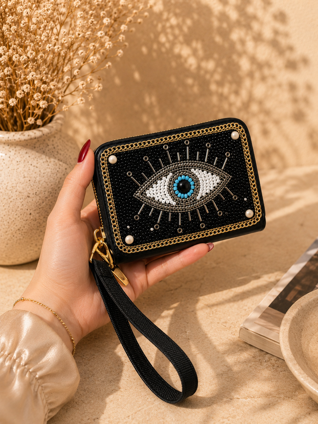 Hand holding a black wallet with an eye design against a warm-toned background