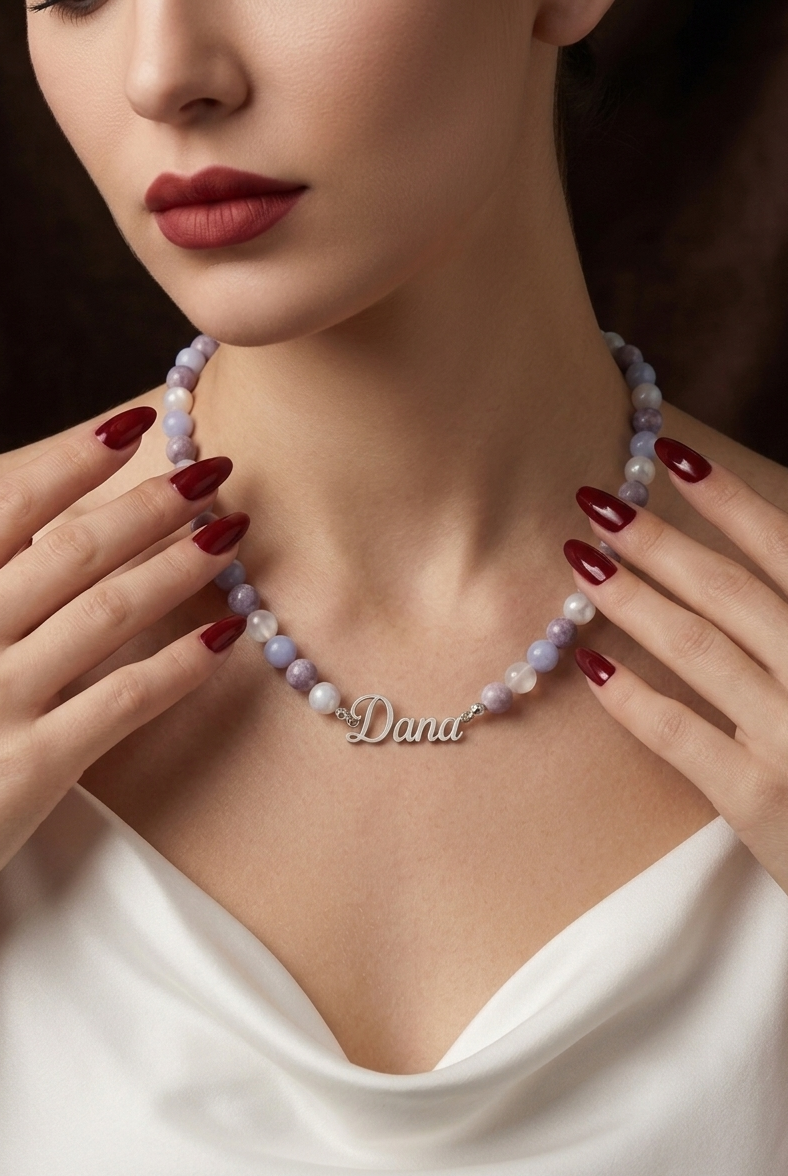 Woman wearing a beaded necklace with 'Dana' clasp, close-up on neck and hands.