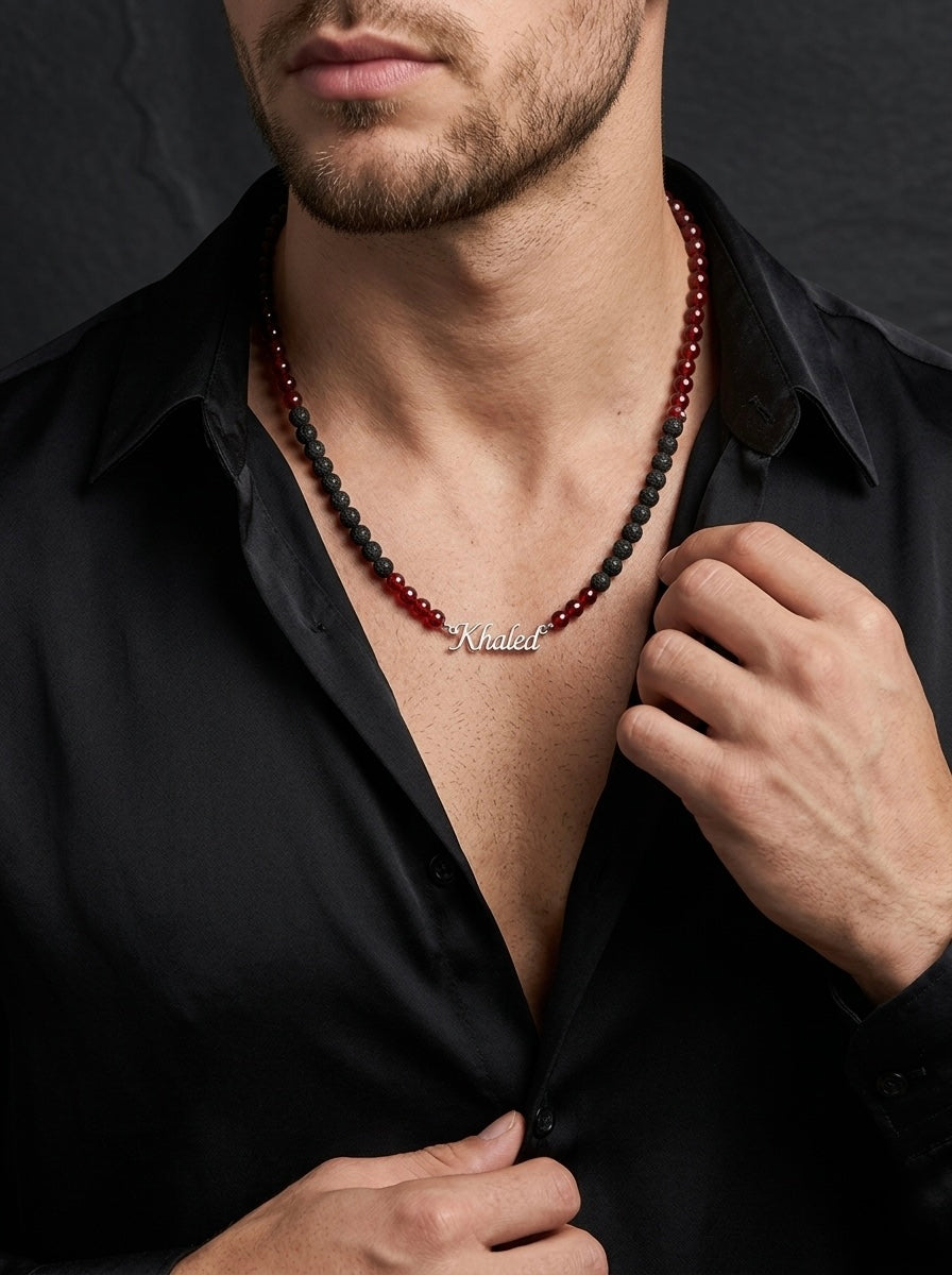 Black Lava & Garnet Custom Name Necklace for Men