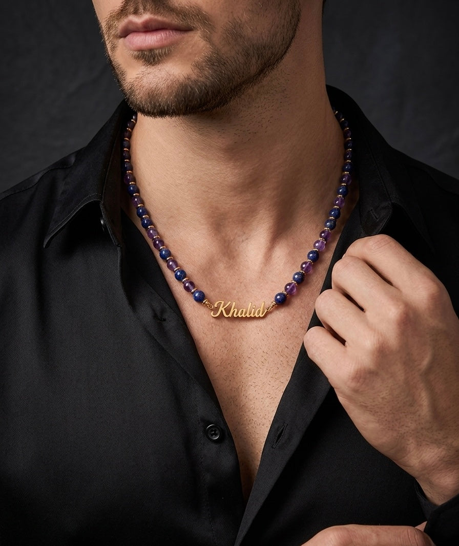 Lapis Lazuli & Amethyst Custom Name Necklace Men