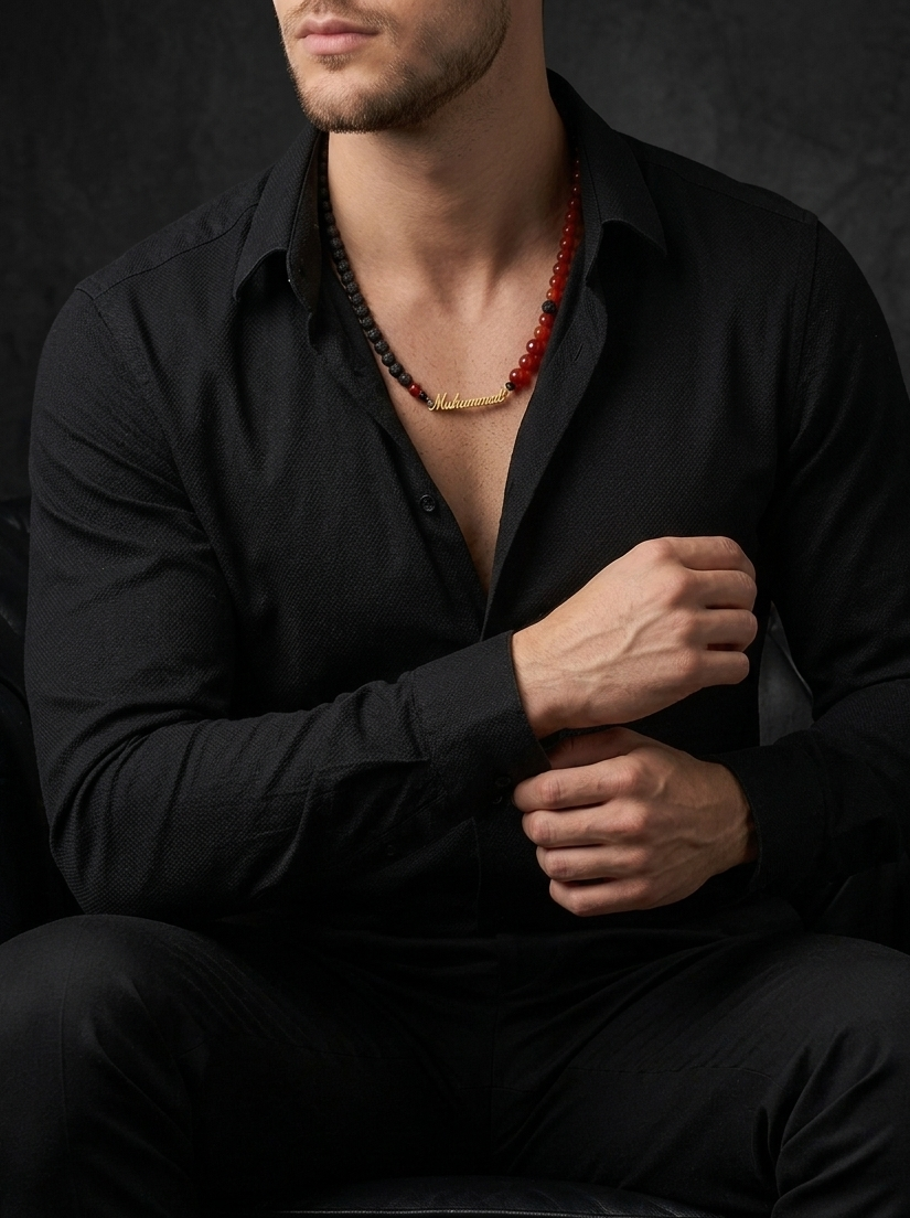Red Coral & Black Lava Custom Name Necklace