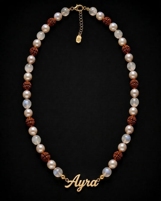 Rudraksha, Pearl & Moonstone Custom Name Necklace