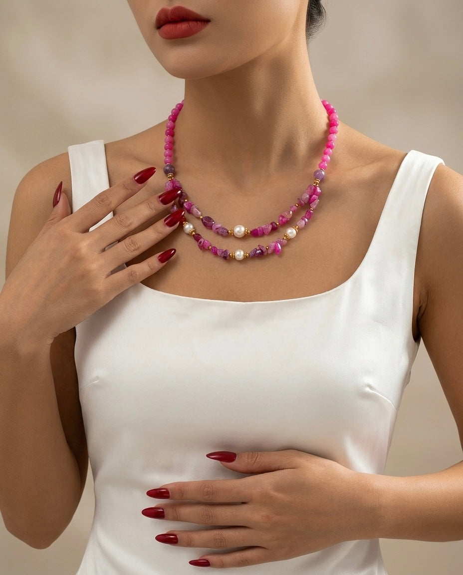 Pink Agate Chip, Pink Agate & Pearl Double Layer Necklace