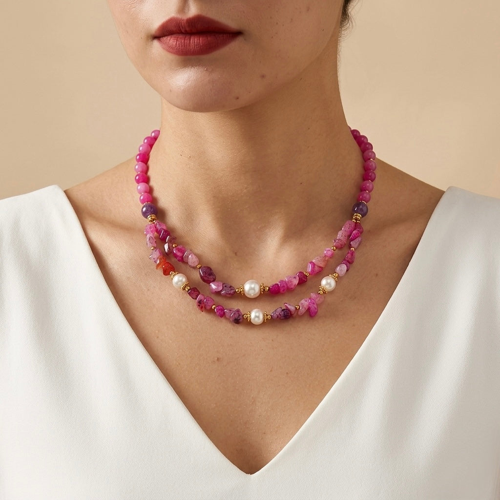 Pink Agate Chip, Pink Agate & Pearl Double Layer Necklace