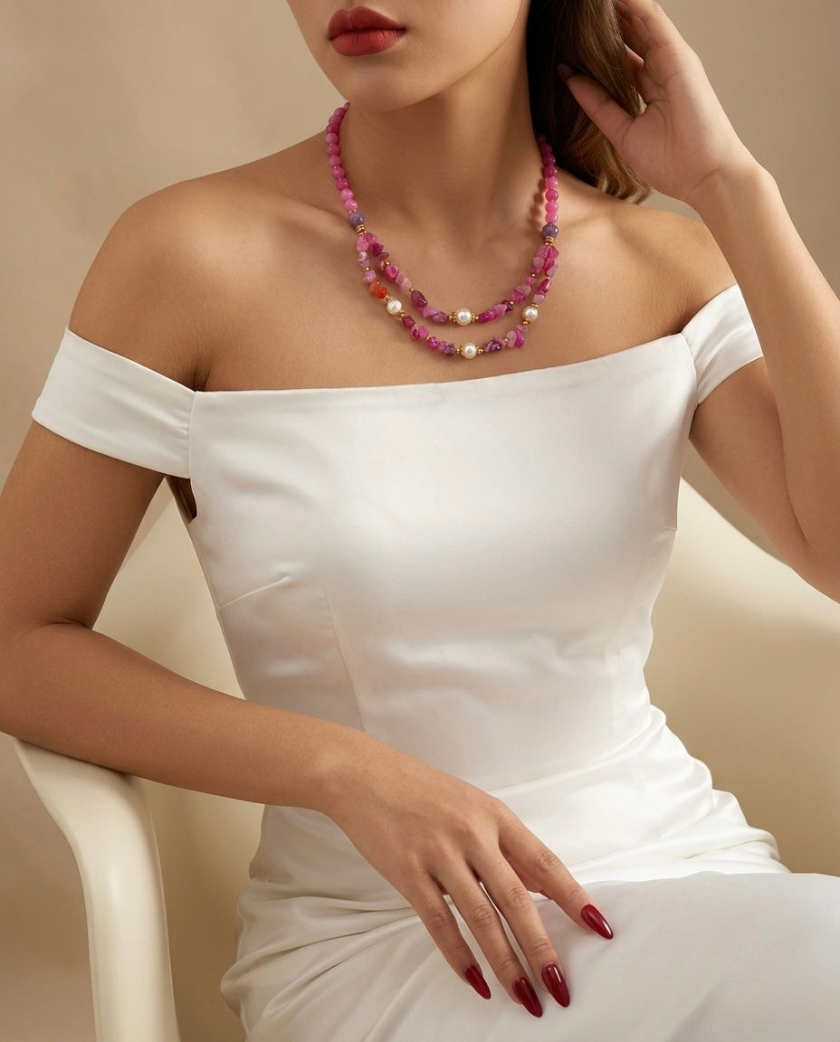 Pink Agate Chip, Pink Agate & Pearl Double Layer Necklace