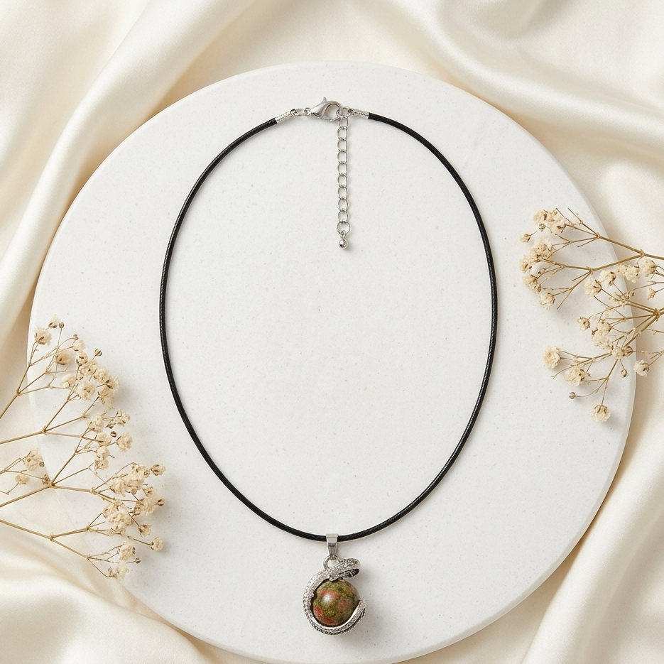 A black cord choker necklace with a silver-toned pendant featuring a round iridescent green stone, displayed on a round white pedestal with dried flowers and cream satin fabric.