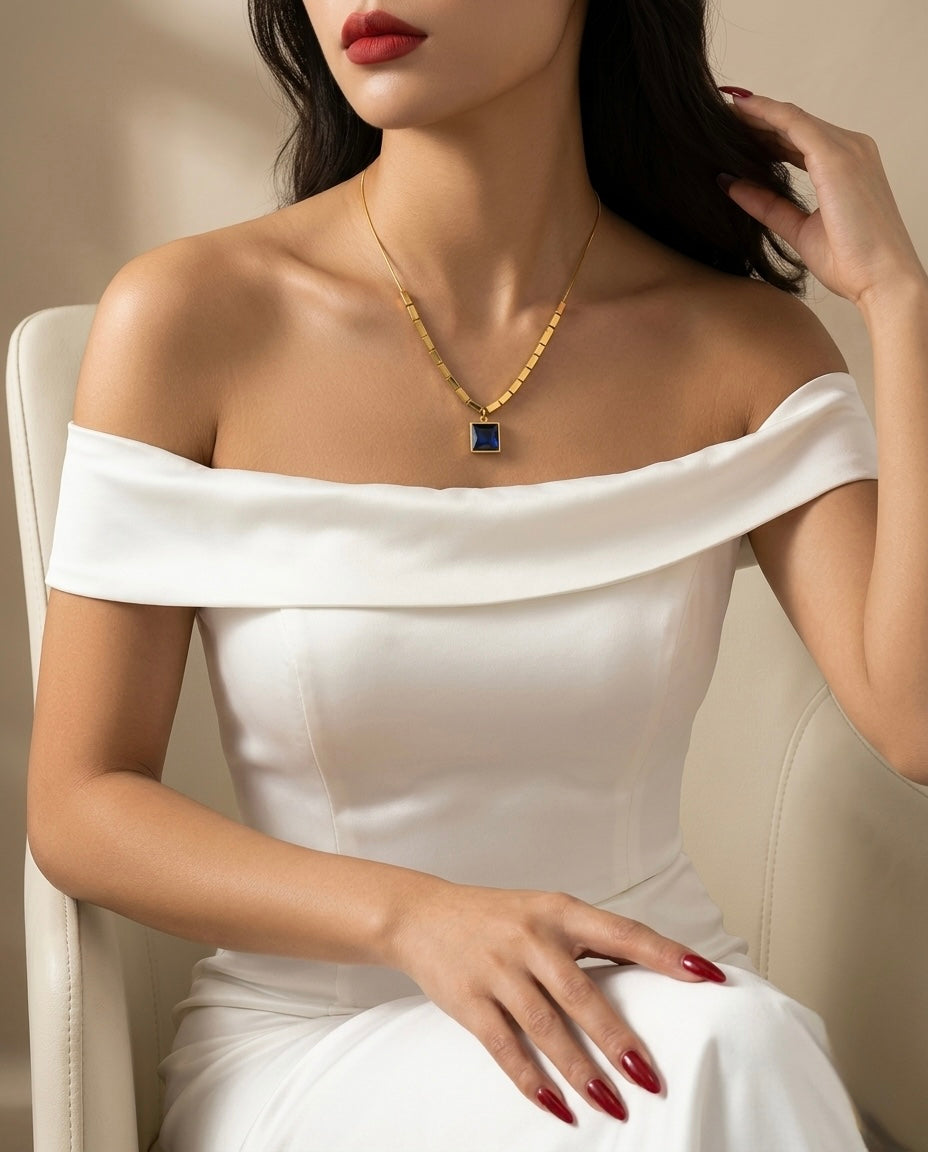 Blue Quartz Gold Bar Pendant Necklace