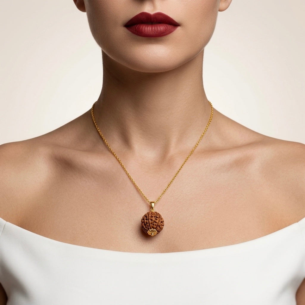 Gold necklace with a pendant worn by a model against a neutral background