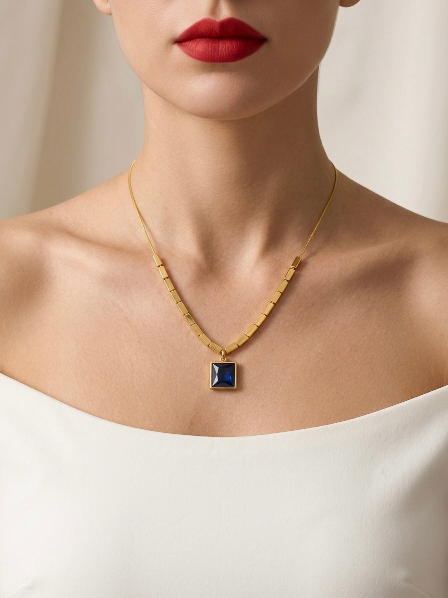 Blue Quartz Gold Bar Pendant Necklace