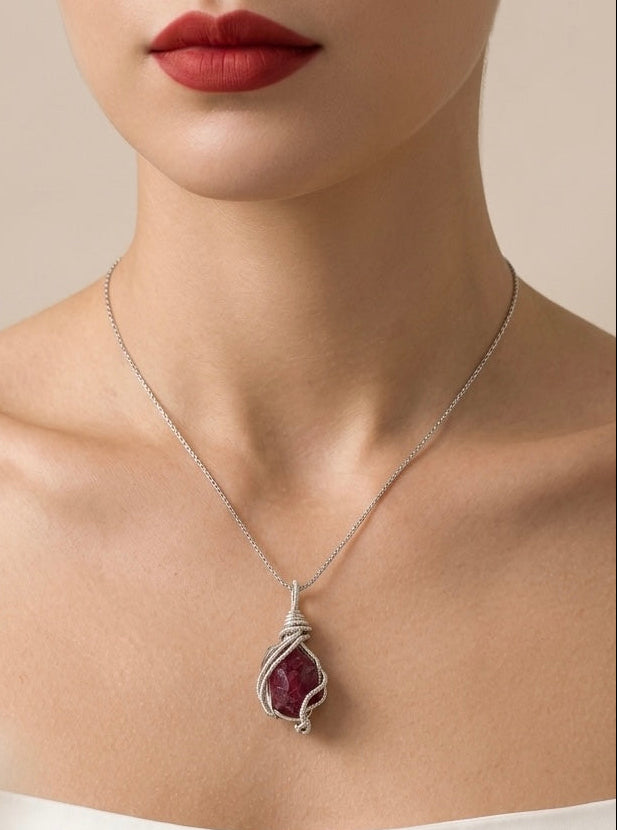 Necklace with a red gemstone pendant worn by a person against a neutral background