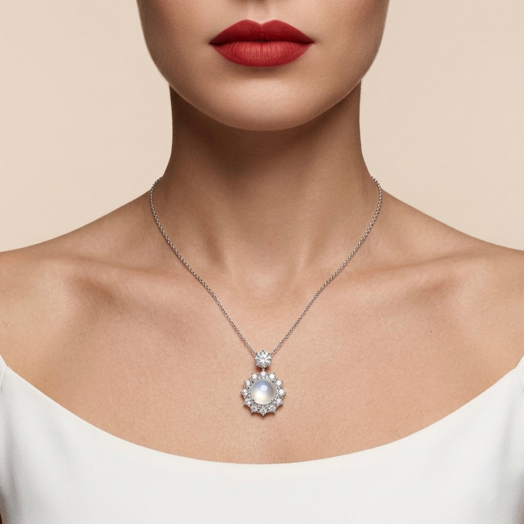 Necklace with a pendant worn by a person against a neutral background