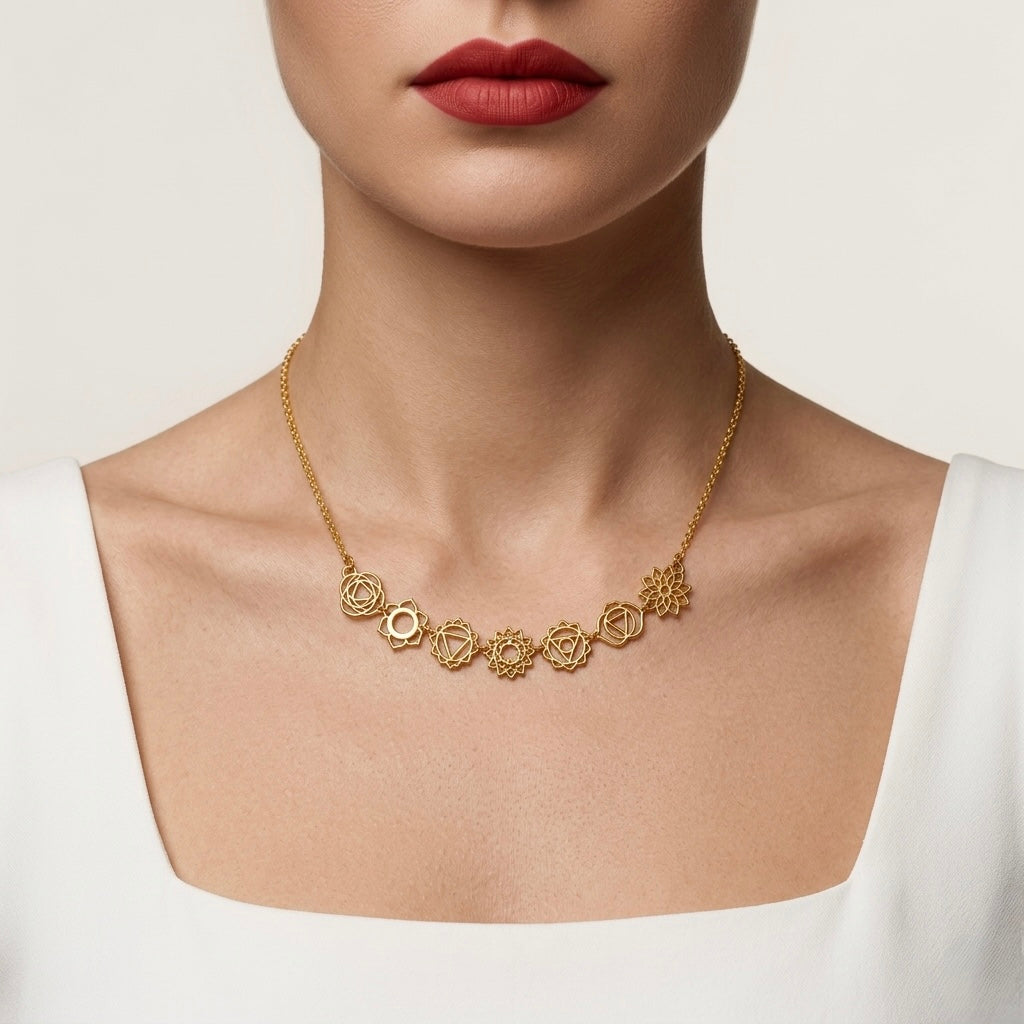 Gold necklace worn by a model with a plain background